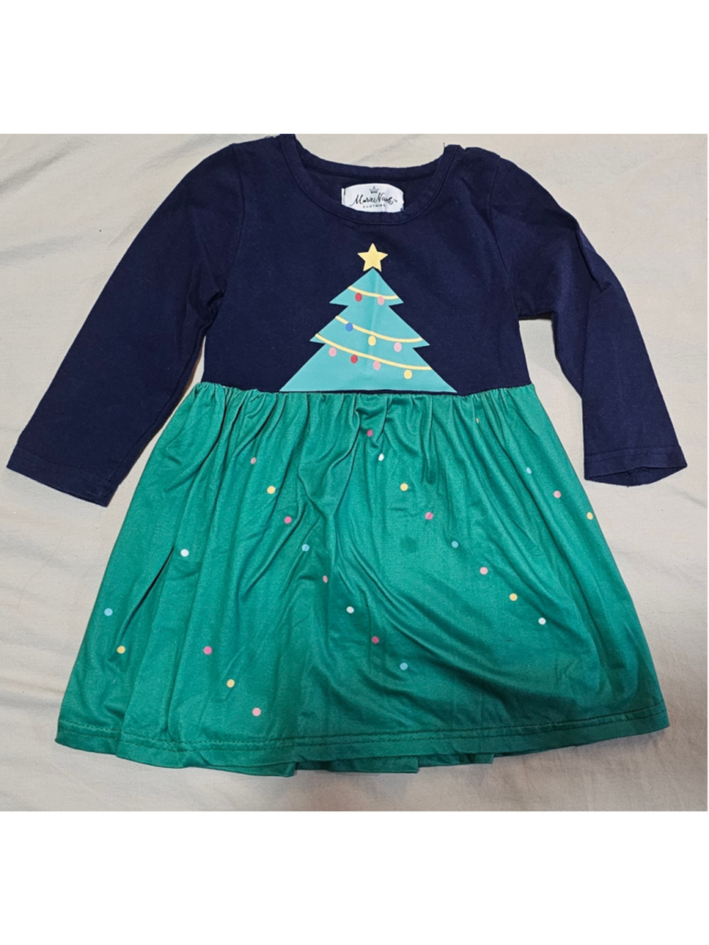 Toddler Girls Marie Nicole Clothing Christmas Tree Dress Size XS Green Navy Blue